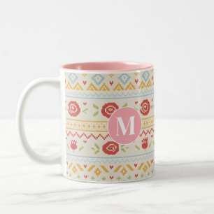 Caneca De Café Em Dois Tons Padrão Floral Boho Nórdico Folclórico Personalizad