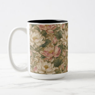 Caneca De Café Em Dois Tons Padrão Floral Botânico Lótus de Água Vintage