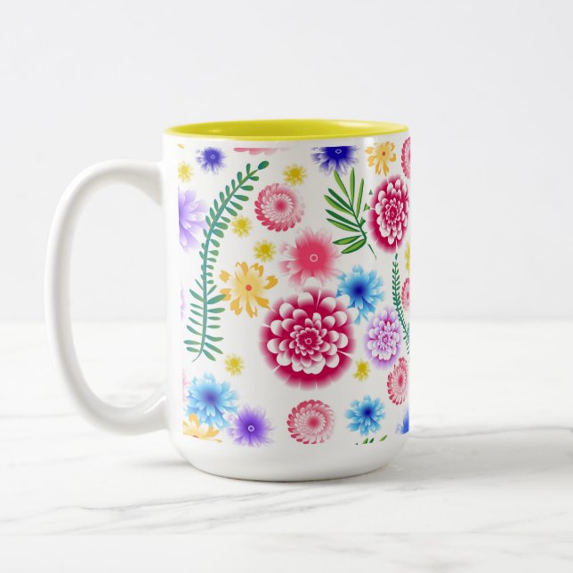 Caneca De Café Em Dois Tons Padrão floral contínuo em um fundo branco. (Esquerda)