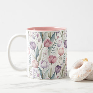Caneca De Café Em Dois Tons Padrão Floral das Tulipas Escandinavas