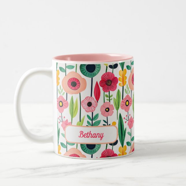 Caneca De Café Em Dois Tons Padrão Floral de Aquarela com Nome (Esquerda)
