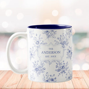 Caneca De Café Em Dois Tons Padrão Floral de Flores Azuis Clássicas Monogramad