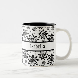 Caneca De Café Em Dois Tons Padrão Floral do Gráfico Sunshiney Branco e Preto