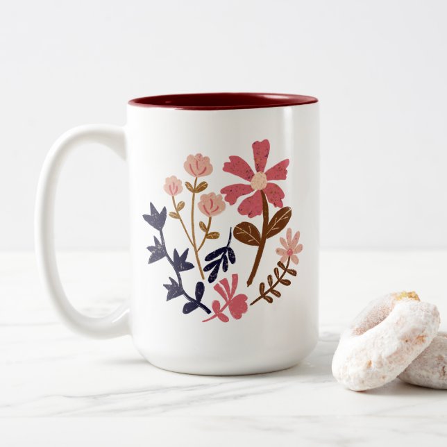 Caneca De Café Em Dois Tons Padrão Floral do Retro Bloom (Com Donut)