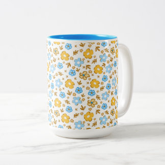 Caneca De Café Em Dois Tons Padrão Floral Elegante Casa de Campo Azul Amarelo