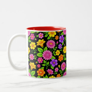 Caneca De Café Em Dois Tons Padrão Floral Exótico Colorido-35681