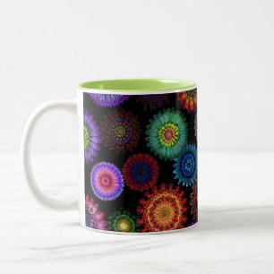 Caneca De Café Em Dois Tons Padrão Floral Mandala Colorido   Arte Boho Vibrant