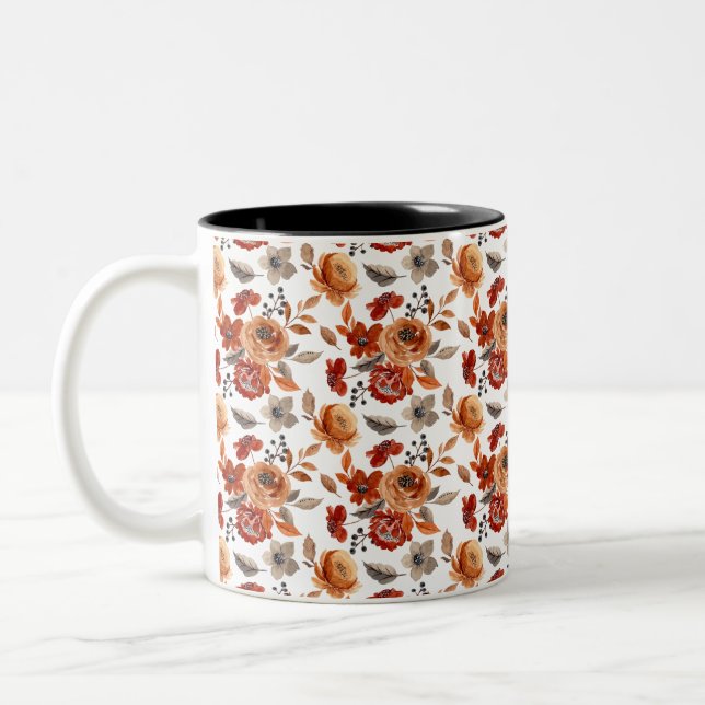 Caneca De Café Em Dois Tons Padrão Floral Marrom Aquarela (Esquerda)