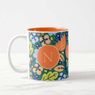 Caneca De Café Em Dois Tons Padrão Floral Moderno Brilhante Monograma