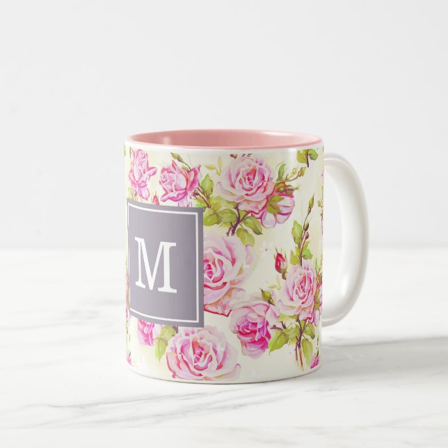 Caneca De Café Em Dois Tons Padrão Floral Personalizado Monograma Rosa Antigo (Frente Esquerda)