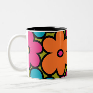 Caneca De Café Em Dois Tons Padrão Floral Retro Colorido
