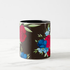 Caneca De Café Em Dois Tons Padrão Floral Vermelho Azul Elegante em Marrom Esc