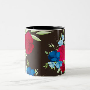 Caneca De Café Em Dois Tons Padrão Floral Vermelho Azul Elegante em Marrom Esc