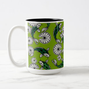 Caneca De Café Em Dois Tons Padrão Folclórico do Carpa Verde Índigo Japonês