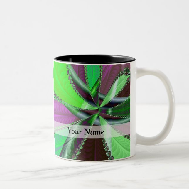 Caneca De Café Em Dois Tons Padrão fractal verde e roxo (Direita)
