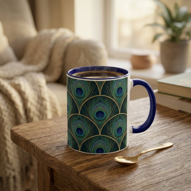 Caneca De Café Em Dois Tons Padrão Geométrico de Pena de Pavão Art Déco (Art Deco Peacock Feather Geometric Pattern Two-Tone Coffee Mug)