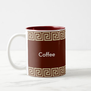 Caneca De Café Em Dois Tons Padrão Grego Bege em Marrom Avermellhado