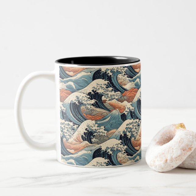 Caneca De Café Em Dois Tons Padrão Japonês da Grande Onda  (Com Donut)