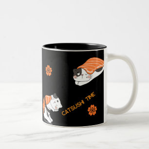 Caneca De Café Em Dois Tons Padrão Japonês Estético Gato Fofo & Sushi