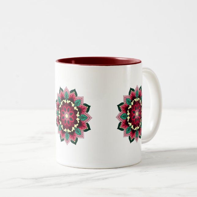 Caneca De Café Em Dois Tons Padrão Mandala 02 em rosa profundo (Frente Esquerda)