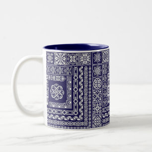 Caneca De Café Em Dois Tons Padrão marroquino branco e azul da Vintage