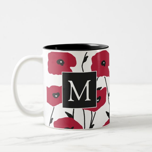 Caneca De Café Em Dois Tons Padrão Moderno de Poppies Monogramas (Esquerda)