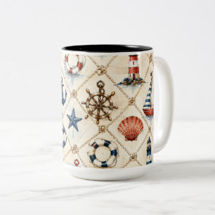 Caneca De Café Em Dois Tons Padrão Náutico Costeiro Sem Costura