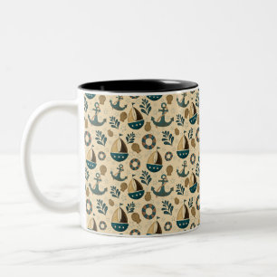 Caneca De Café Em Dois Tons Padrão Náutico Vintage em Azul, Marrom, Creme