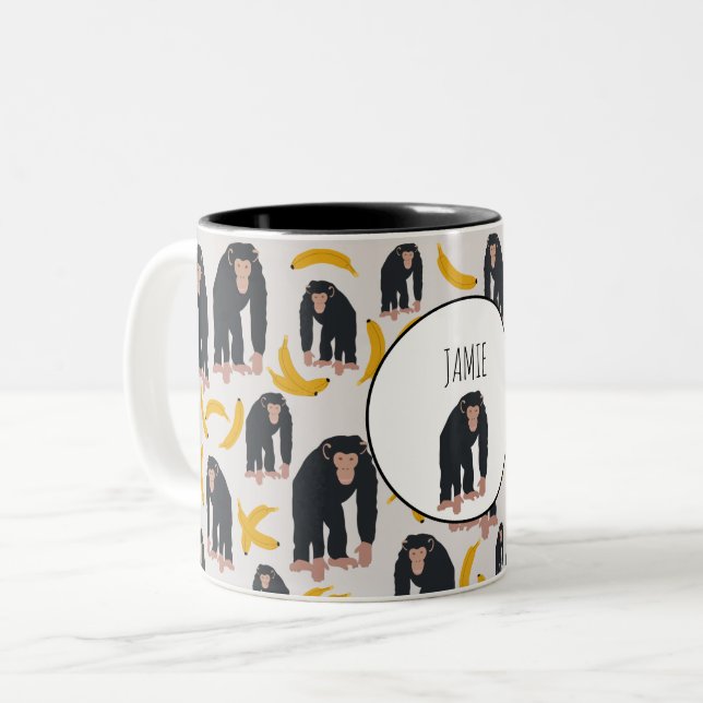 Caneca De Café Em Dois Tons Padrão Personalizado de Chimpanzé e Banana (Frente Esquerda)