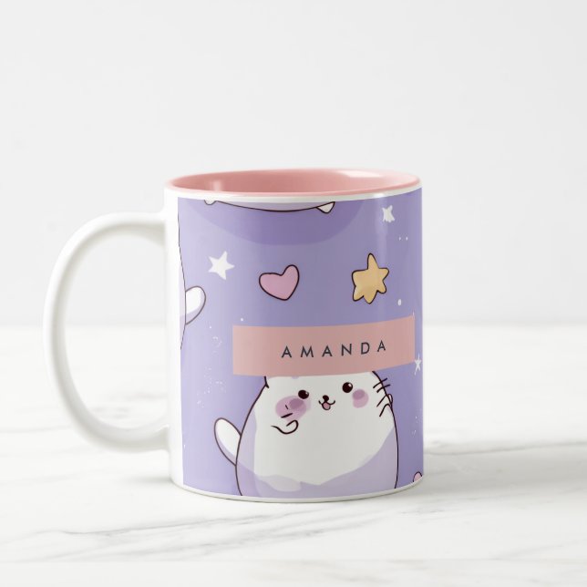 Caneca De Café Em Dois Tons Padrão Personalizado de Chubby Cat & Pastel Star (Esquerda)