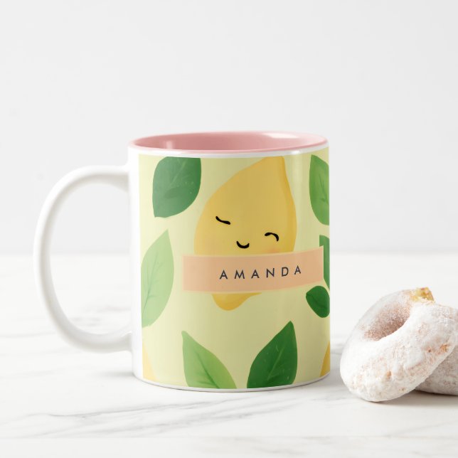 Caneca De Café Em Dois Tons Padrão personalizado de limão sorridente de gralha (Com Donut)
