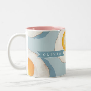 Caneca De Café Em Dois Tons Padrão Personalizado de Ovo Frito Divertido Azul E