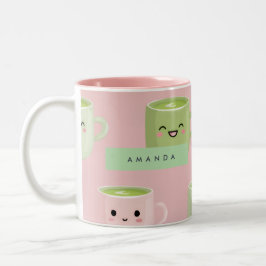 Caneca De Café Em Dois Tons Padrão Personalizado de Pastel Kawaii Matcha Tea