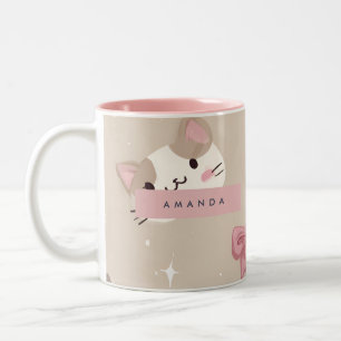 Caneca De Café Em Dois Tons Padrão Personalizado do rosto do gato Kawaii