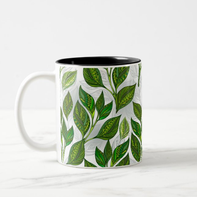 Caneca De Café Em Dois Tons Padrão sem costura com folhas verdes de chá (Esquerda)