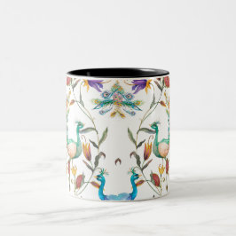 Caneca De Café Em Dois Tons Padrão sem costura com pavão e flores