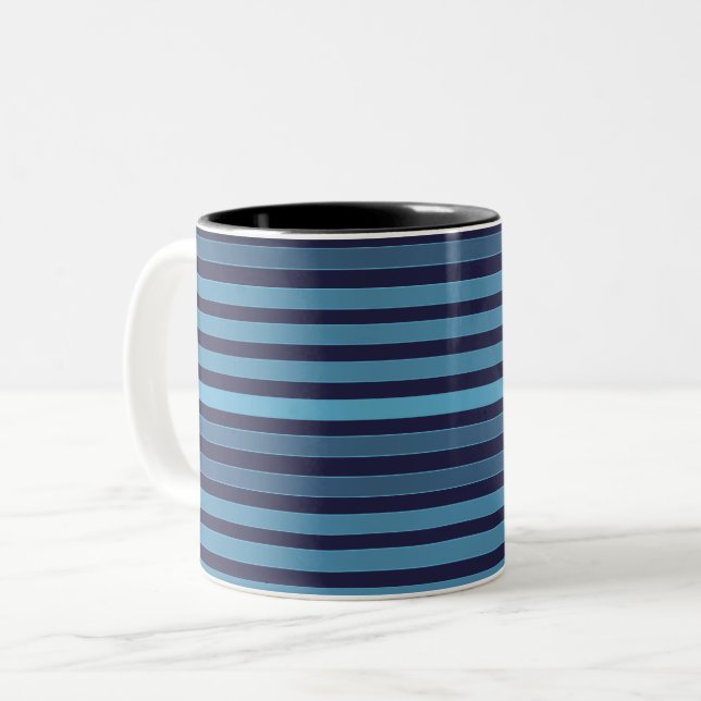 Caneca De Café Em Dois Tons Padrão simples listrado azul retrô (Frente Esquerda)