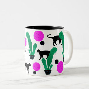 Caneca De Café Em Dois Tons Padrão Trendy Black Cat e Cactus