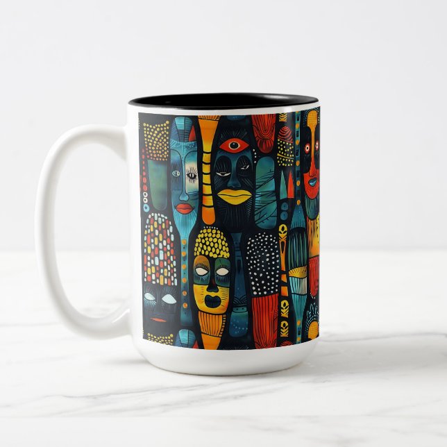 Caneca De Café Em Dois Tons Padrão tribal africano com ídolos. (Esquerda)