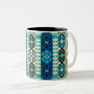 Caneca De Café Em Dois Tons Padrão Turco Persa Antigo, Verde Azul