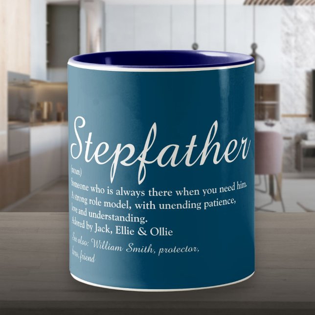 Caneca De Café Em Dois Tons Padrasto, Definição de Padrasto Moderno Script Azu (Stepfather, Stepdad Definition Modern Script Blue Two-Tone Coffee Mug)