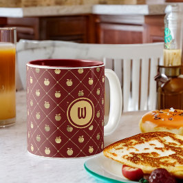 Caneca De Café Em Dois Tons Padrões de burgúndia e de maçã Dourada