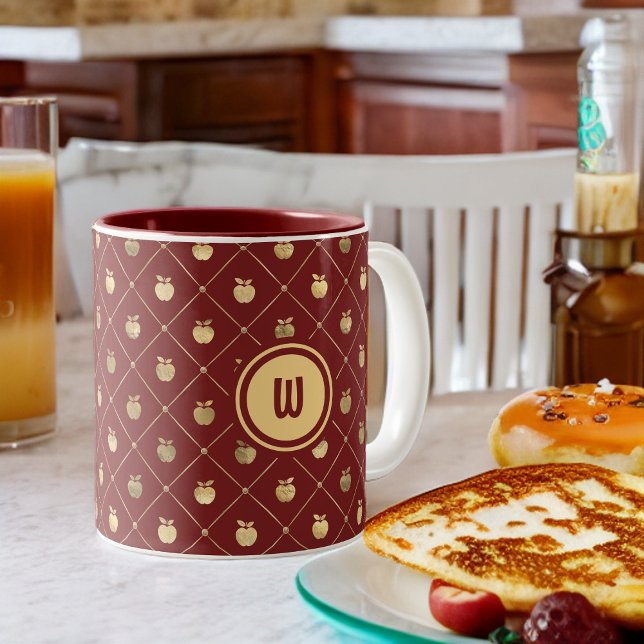 Caneca De Café Em Dois Tons Padrões de burgúndia e de maçã Dourada (Criador carregado)