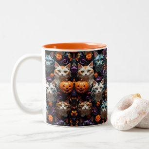 Caneca De Café Em Dois Tons Padrões de Gato de Halloween Vibrantes Coloridos