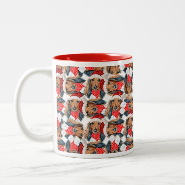 Caneca De Café Em Dois Tons Padrões de Natal Engraçados de Longa Cabeça Dachsh (Esquerda)