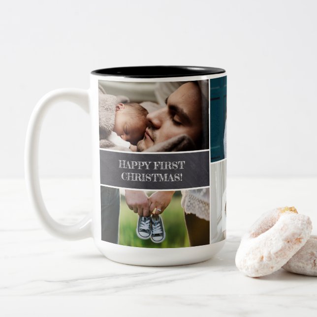 Caneca De Café Em Dois Tons Pai de Colagem de Fotos Personalizada Feliz Primei (Com Donut)