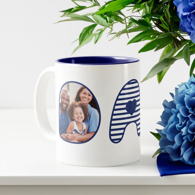 Caneca De Café Em Dois Tons Pai Marinho Azul Stripe Bubble Lettering Fotos do  (Dad Navy Blue Stripe Bubble Lettering Heart Photos Two-Tone Coffee Mug)