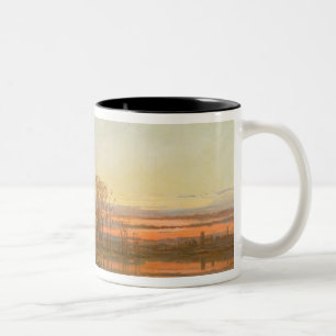 Caneca De Café Em Dois Tons Paisagem com uma casa de campo arruinada no por do