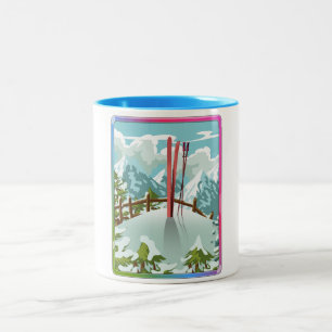 Caneca De Café Em Dois Tons Paisagem de esqui desenho animado