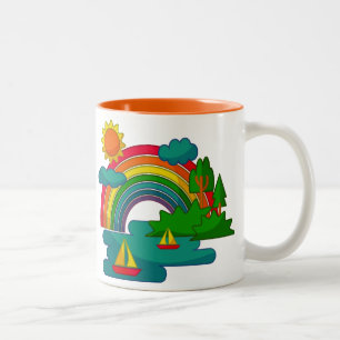 Caneca De Café Em Dois Tons Paisagem de viagem de barco sob nuvens solares e a